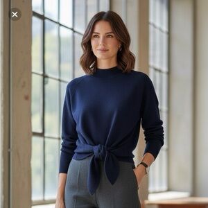 DEADSTOCK NWT VTG PORTS IN'L Navy Mock Neck 100% Wool Tie Waist Sweater Size L